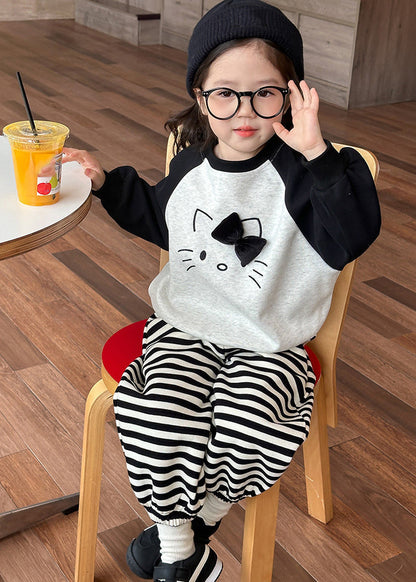 Chic Grey O-Neck Striped Girls Sweatshirt And Lantern Pants Two Piece Set Spring TR007