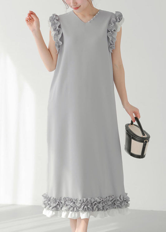Chic Decorated Pearl Straight Ruffled Dress Patchwork Grey