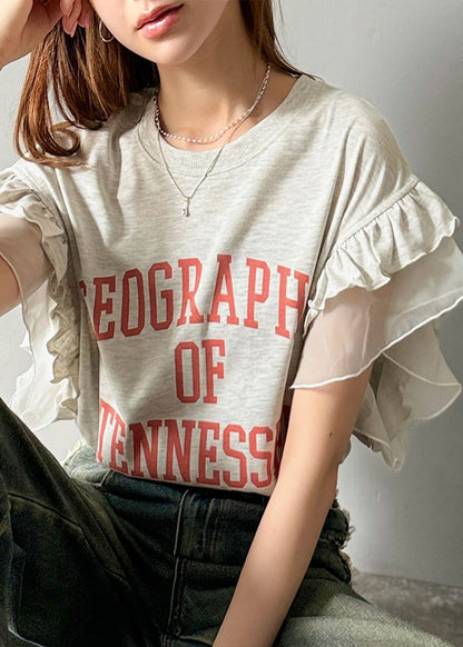 Tops Patchwork Chic Summer Cotton Ruffled Print Grey