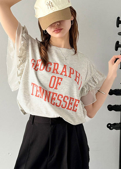 Tops Patchwork Chic Summer Cotton Ruffled Print Grey