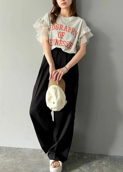 Tops Patchwork Chic Summer Cotton Ruffled Print Grey