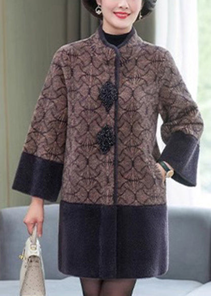 Chic Grey Stand Collar Print Patchwork Mink Velvet Coats Spring TA013