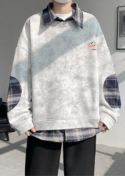 Warm Tie Sweatshirts Mens Chic Plaid Patchwork Grey Dye Fleece