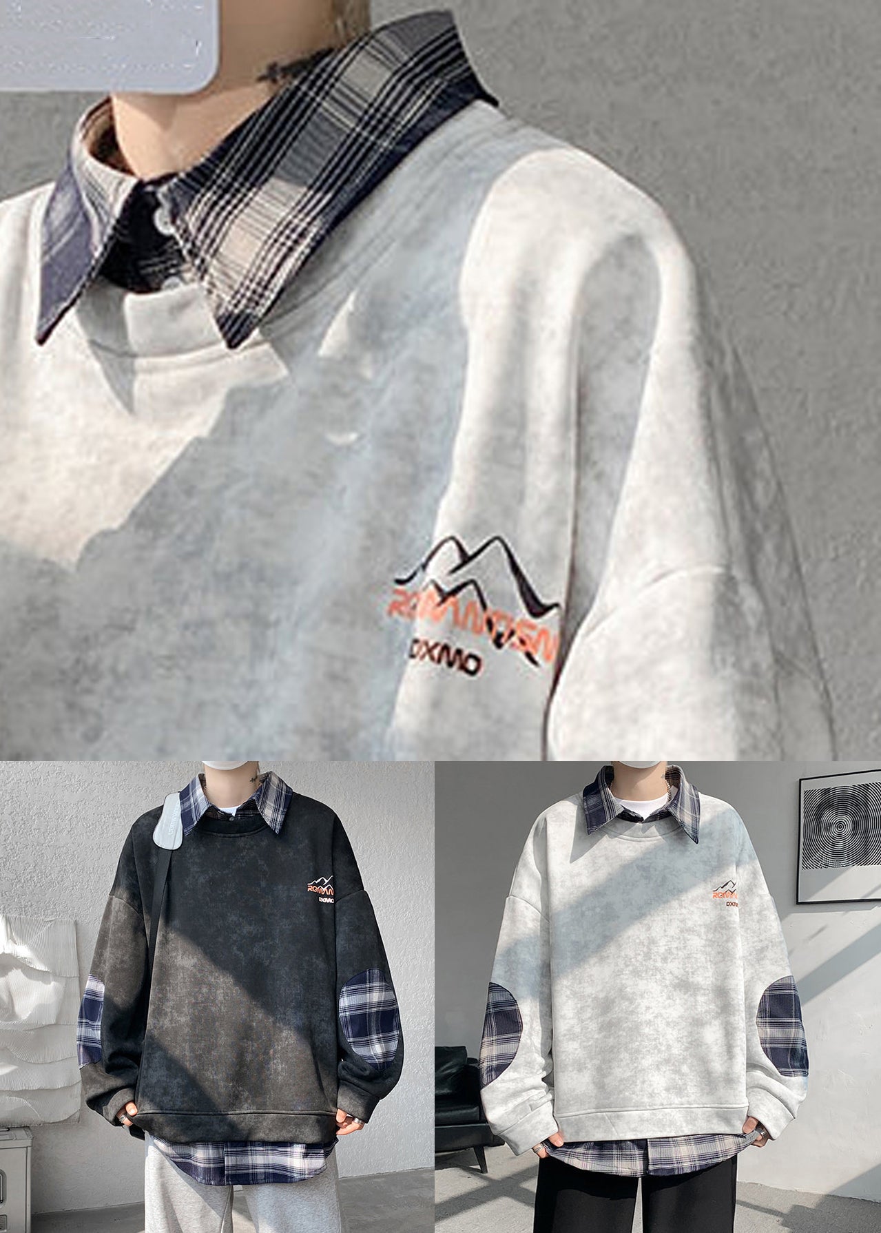Warm Tie Sweatshirts Mens Chic Plaid Patchwork Grey Dye Fleece