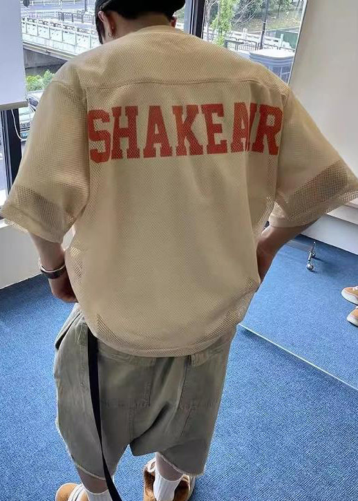 Mens Khaki Tulle Hollow Summer Oversized Out Tees Graphic Chic