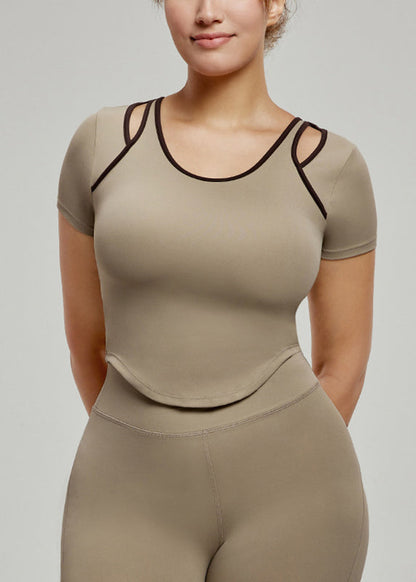 Hollow Patchwork Chic Yoga Tops Khaki Tank Summer Out