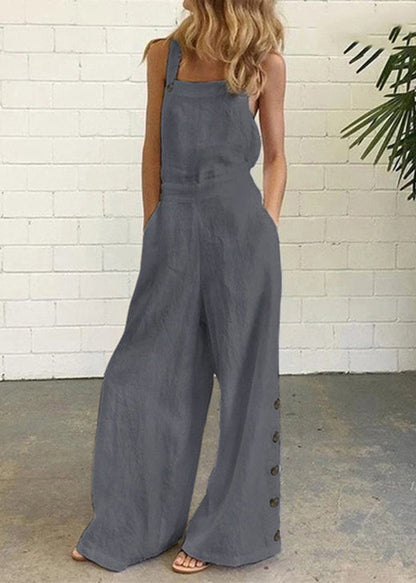 Khaki Cotton Chic Patchwork Pockets Jumpsuit Button Summer