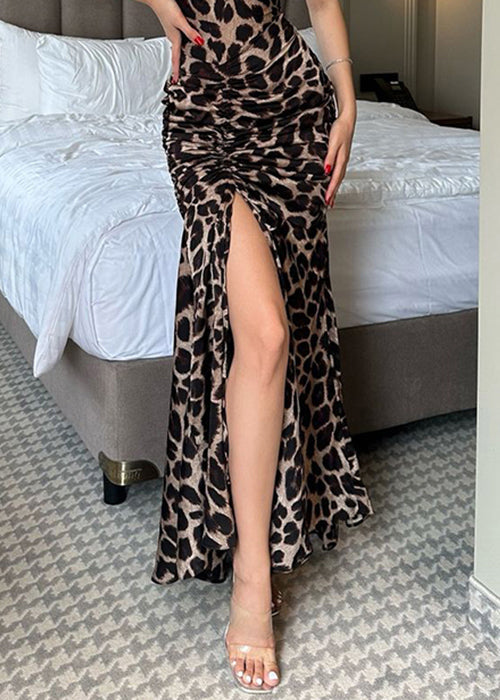 Side Chic Spaghetti Open Drawstring Dress Cotton Strap Leopard