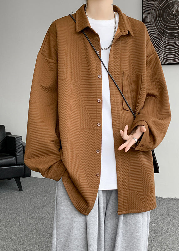 Chic Light Grey Jacquard Pockets Cotton Mens Shirts Fall RO003