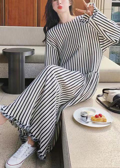 Chic O Neck Striped Patchwork Cotton Long Dresses Long Sleeve BV038