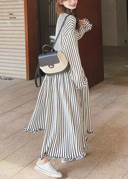 Chic O Neck Striped Patchwork Cotton Long Dresses Long Sleeve BV038