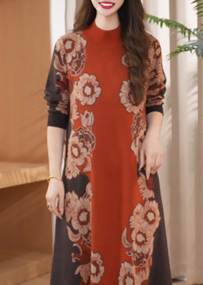 Chic Orange O Neck Print Cozy Long Knit Dress Winter RF001