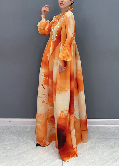 Chic Orange Stand Collar Wrinkled Chiffon Long Dress Spring UU1060