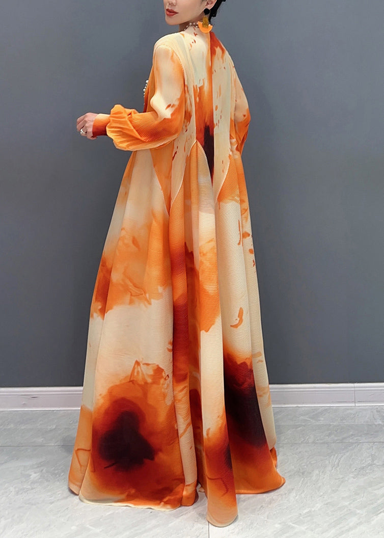 Chic Orange Stand Collar Wrinkled Chiffon Long Dress Spring UU1060