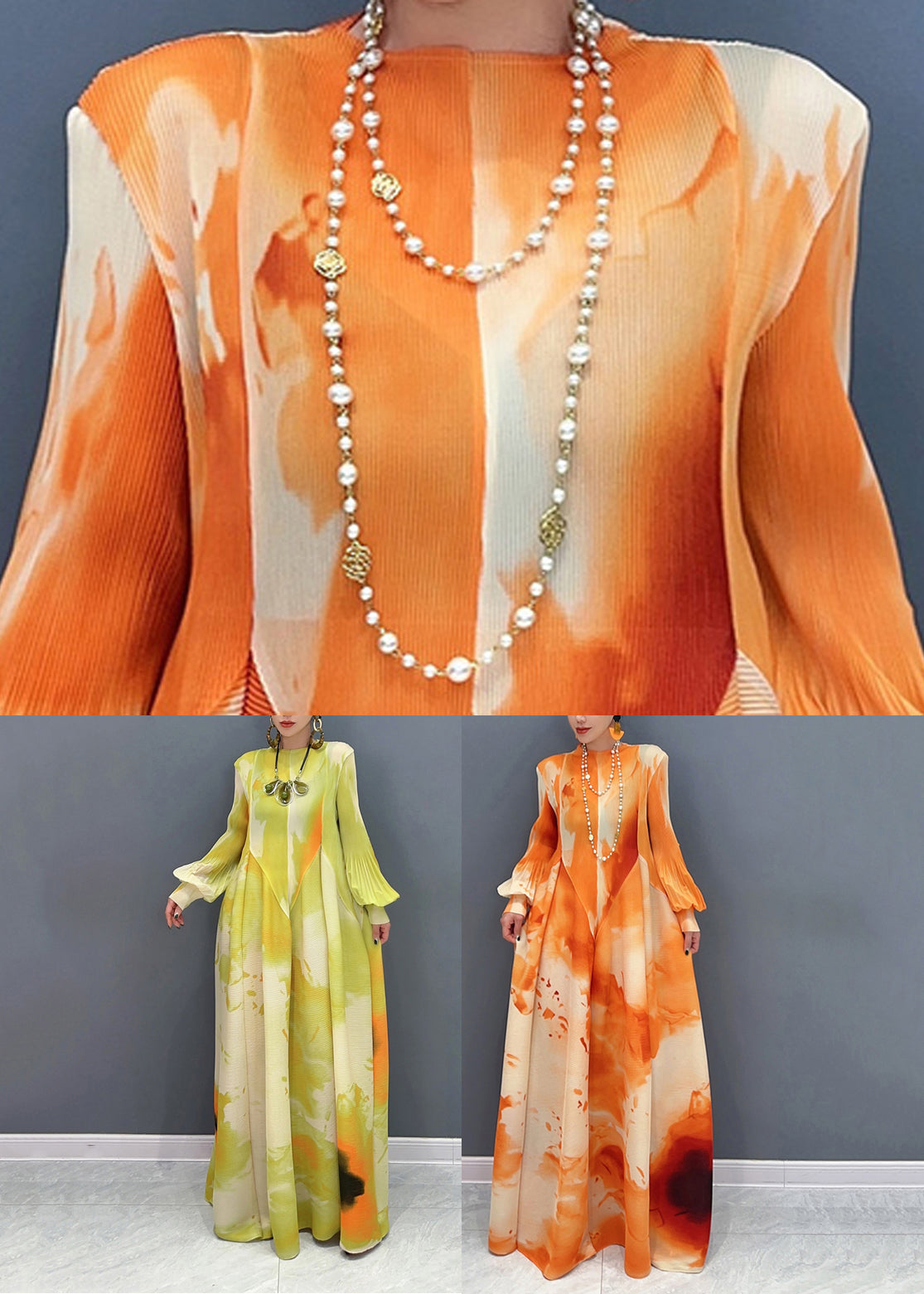 Chic Orange Stand Collar Wrinkled Chiffon Long Dress Spring UU1060