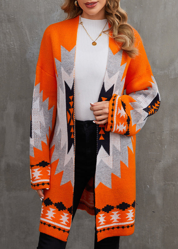 Chic Orange V Neck Patchwork Knit Cardigan Fall AE1013