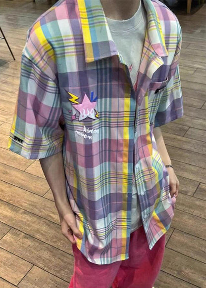 Summer Cotton Men Collar Shirt Plaid Pockets Peter Chic Pan