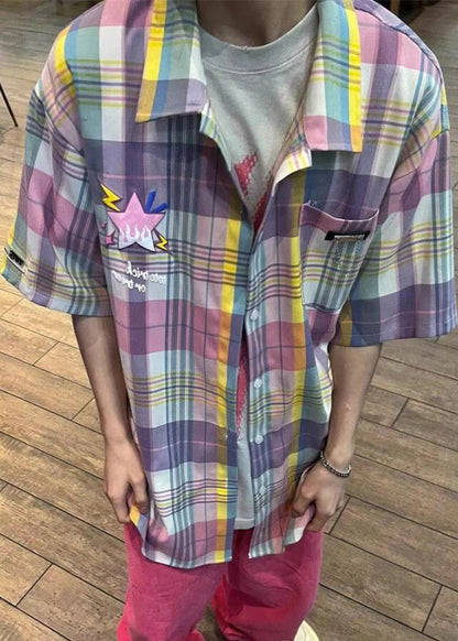 Summer Cotton Men Collar Shirt Plaid Pockets Peter Chic Pan