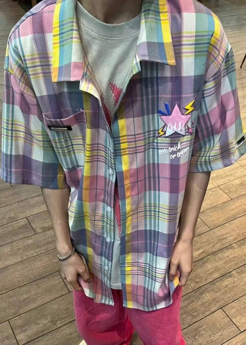 Summer Cotton Men Collar Shirt Plaid Pockets Peter Chic Pan