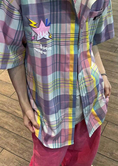 Summer Cotton Men Collar Shirt Plaid Pockets Peter Chic Pan