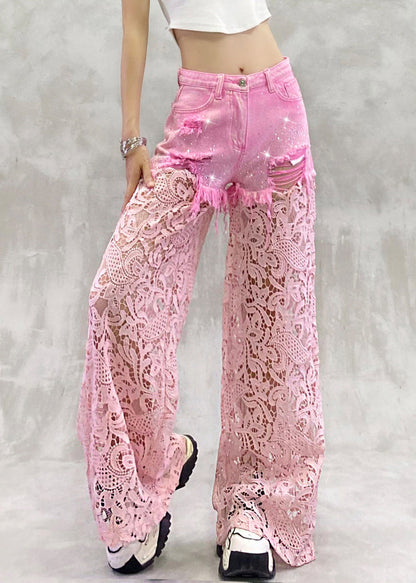 Summer Zircon Pants Lace Out Hollow Chic Patchwork Pink