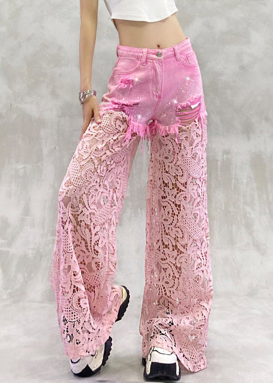 Summer Zircon Pants Lace Out Hollow Chic Patchwork Pink