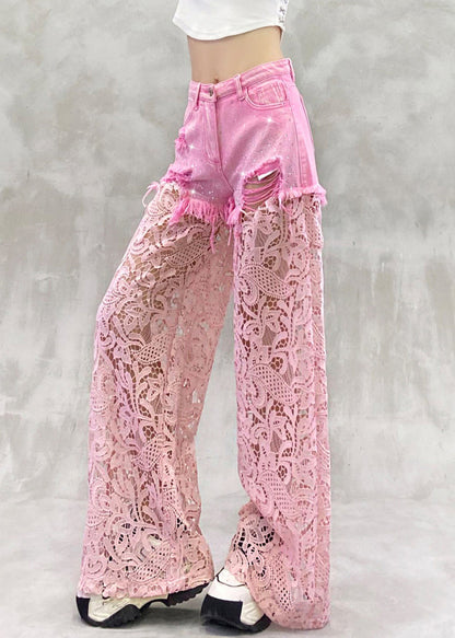Summer Zircon Pants Lace Out Hollow Chic Patchwork Pink