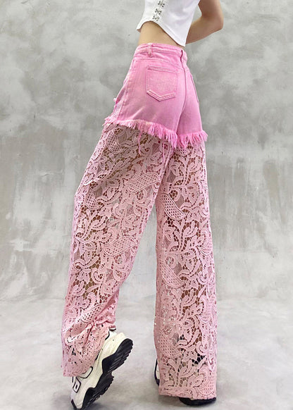 Summer Zircon Pants Lace Out Hollow Chic Patchwork Pink