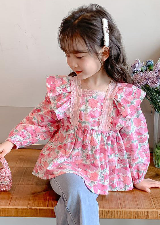 Chemise à manches longues en coton rose chic à volants et boutons pour fille YU1036