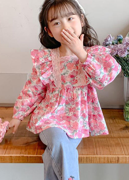 Chemise à manches longues en coton rose chic à volants et boutons pour fille YU1036