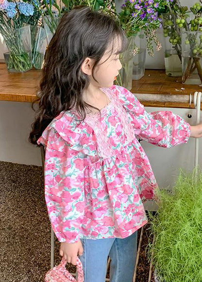 Chemise à manches longues en coton rose chic à volants et boutons pour fille YU1036