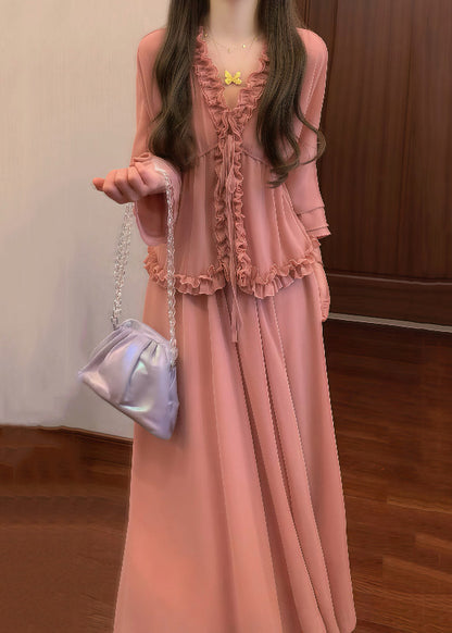 And Pink Up Ruffled Chic Lace Pieces Set Two Skirts Shirt Chiffon