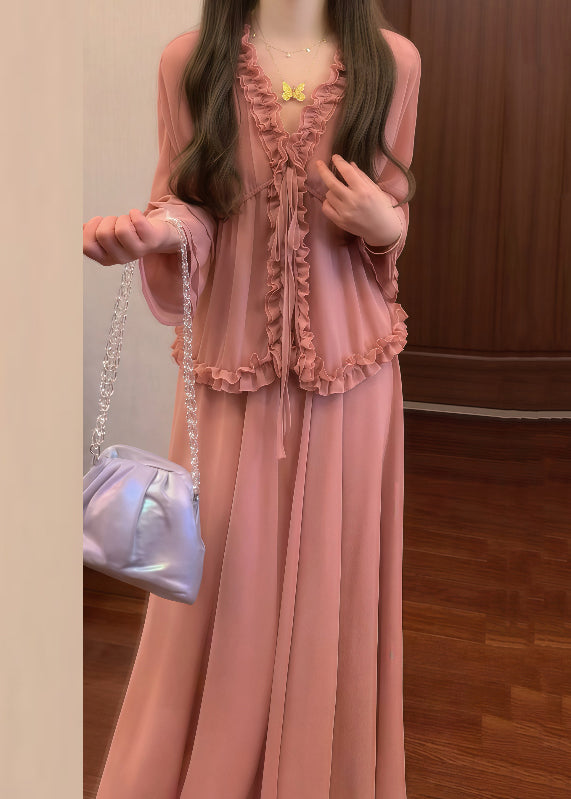 And Pink Up Ruffled Chic Lace Pieces Set Two Skirts Shirt Chiffon