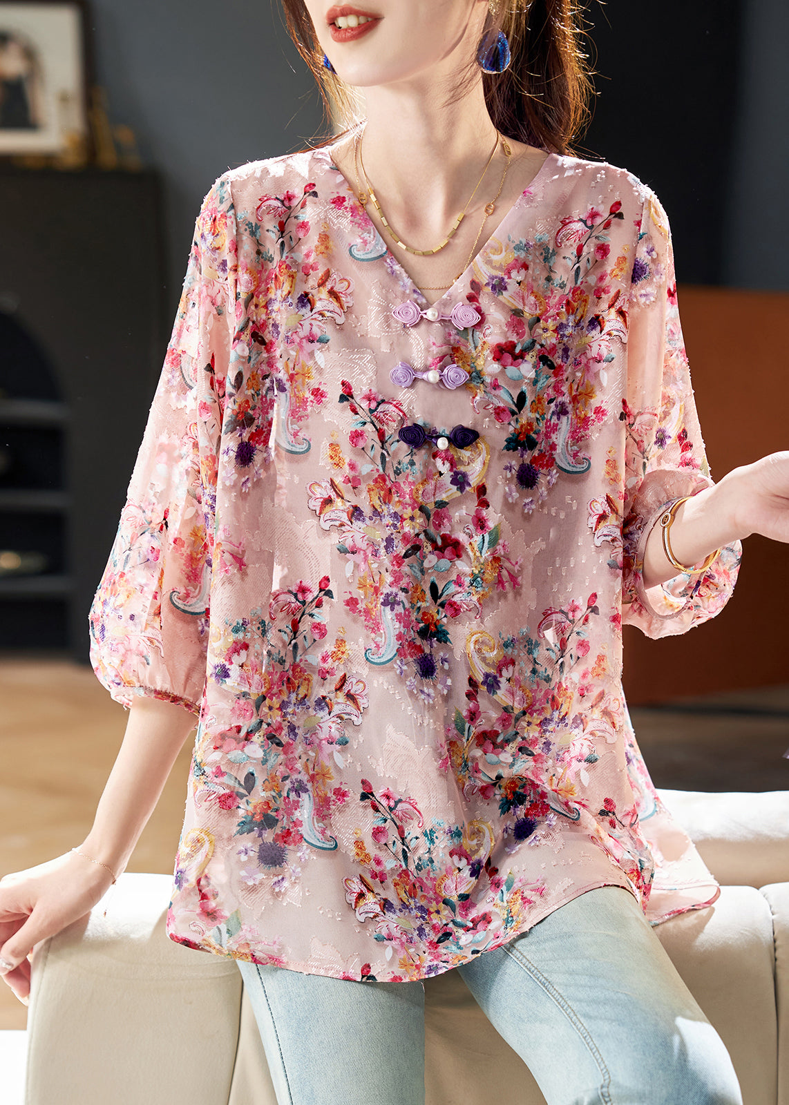 Chic Pink V NeckPrint Chiffon Shirt Bracelet Sleeve AB1026