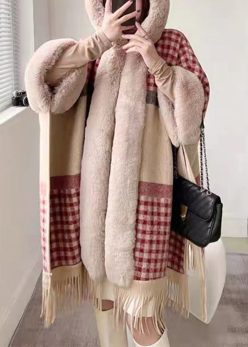 Chic Plaid Hooded Tasseled Patchwork Warm Fleece Cape Coat Half Sleeve YW017