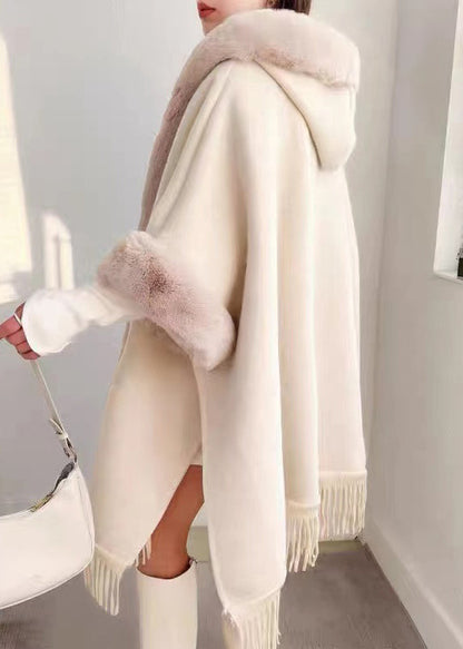 Chic Plaid Hooded Tasseled Patchwork Warm Fleece Cape Coat Half Sleeve YW017