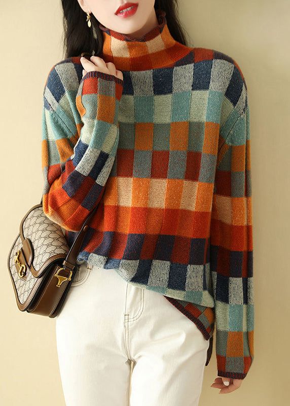 Chic Sweaters Cozy Spring Turtleneck Plaid Knit