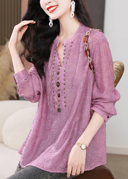 Shirts Sleeve Nail Bead Purple Embroidered Cotton Long Chic