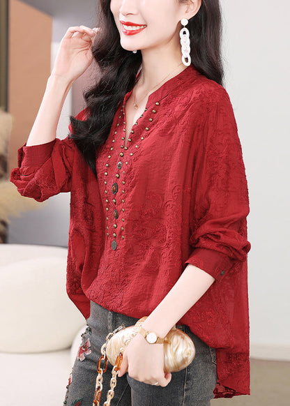 Shirts Sleeve Nail Bead Purple Embroidered Cotton Long Chic