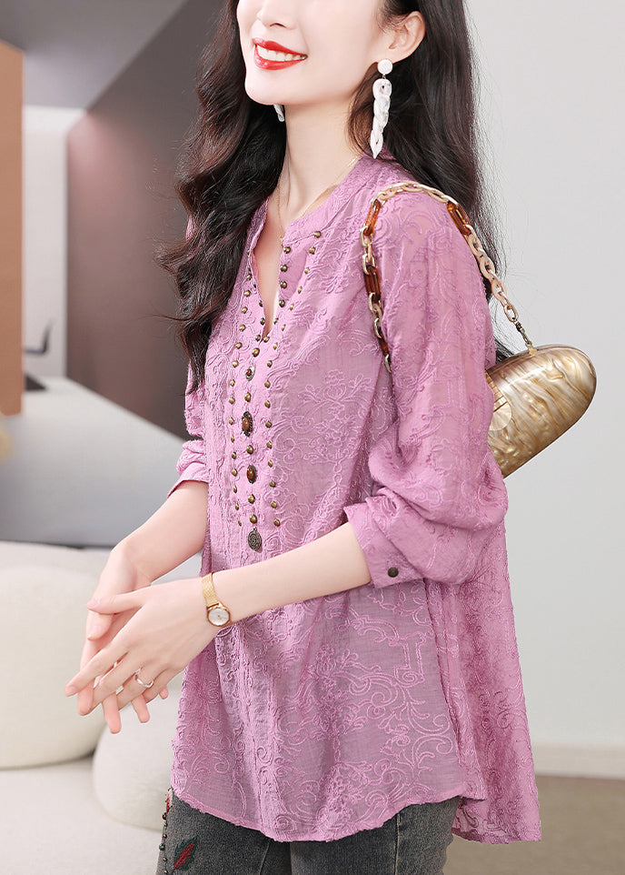 Shirts Sleeve Nail Bead Purple Embroidered Cotton Long Chic