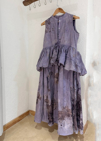 Chic Purple O-Neck Ruffled Patchwork Wrinkled Maxi Dresses Summer UU1057