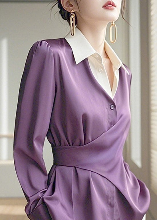 Asymmetrical Collar Chic Design Silk Pan Purple Peter Shirts