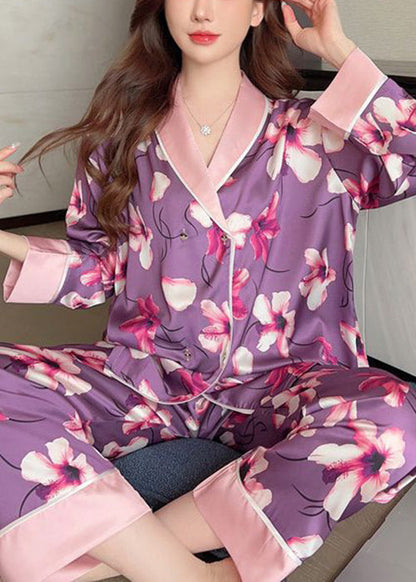 Chic Purple Print Patchwork Ice Silk Pajamas Two Piece Set Spring YK005