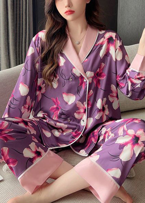 Chic Purple Print Patchwork Ice Silk Pajamas Two Piece Set Spring YK005