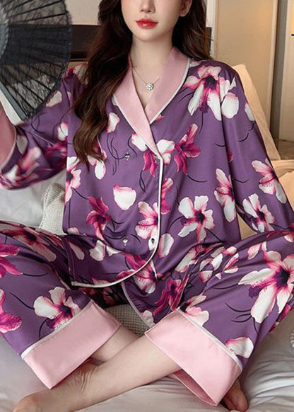 Chic Purple Print Patchwork Ice Silk Pajamas Two Piece Set Spring YK005
