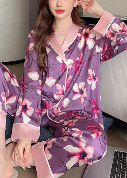 Chic Purple Print Patchwork Ice Silk Pajamas Two Piece Set Spring YK005
