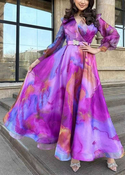 Chic Purple Print Sashes Tulle Patchwork Exra Large Hem Dress Spring WW1035