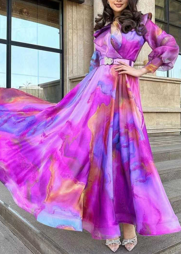 Chic Purple Print Sashes Tulle Patchwork Exra Large Hem Dress Spring WW1035