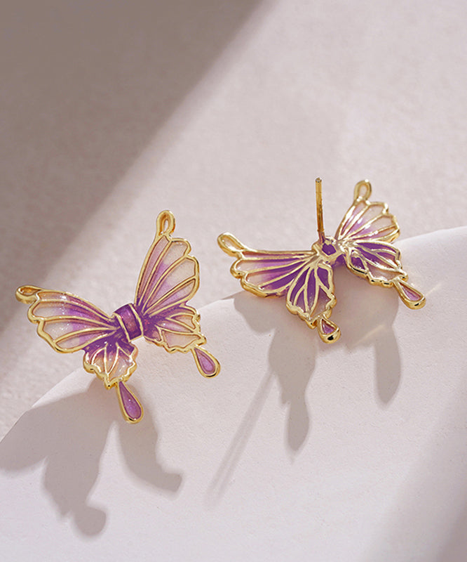 Chic Purple Sterling Silver Overgild Drip Glaze Butterfly Stud Earrings EY005