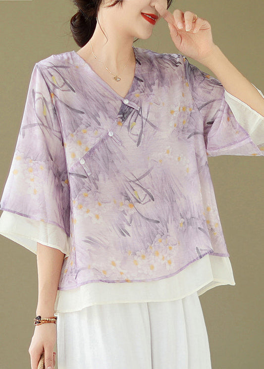 Chemise en coton à imprimé boutonné et col en V violet chic à manches évasées JH068